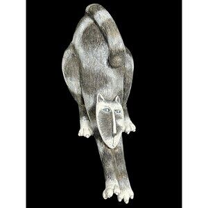 Vtg Marsha McCarthy Signed Stretching Cat Sculpture, 10" Resin Blue Eyes Gray